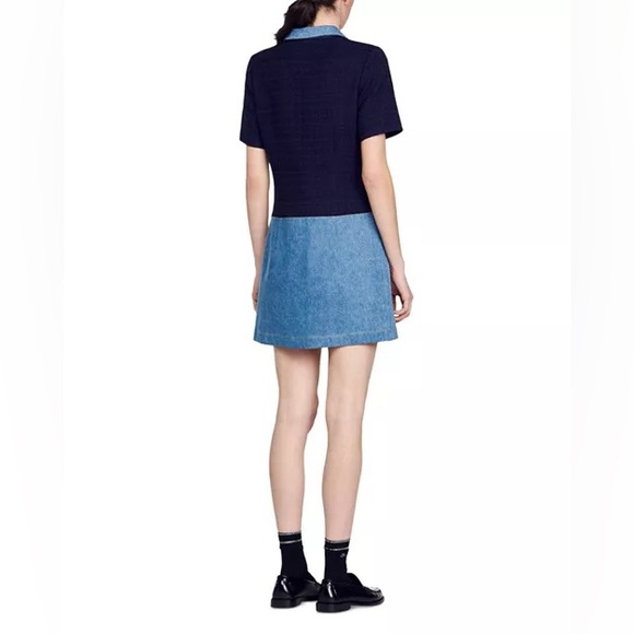 NWT Sandro Brooke Mixed Media Shirt Dress Size US 2 / FR 34 Blue Tweed and Denim - Picture 15 of 16